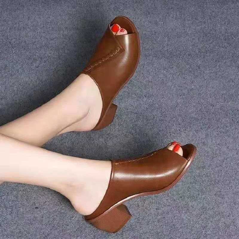 Thick-heeled Soft Leather Outer Slippers Fish Mouth Comfortable Versatile Mid-heeled Women Sandals Women's Mother's Shoes Women