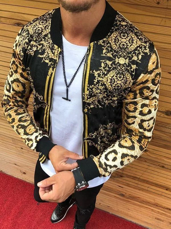 Men's slim leopard print round neck casual jacket