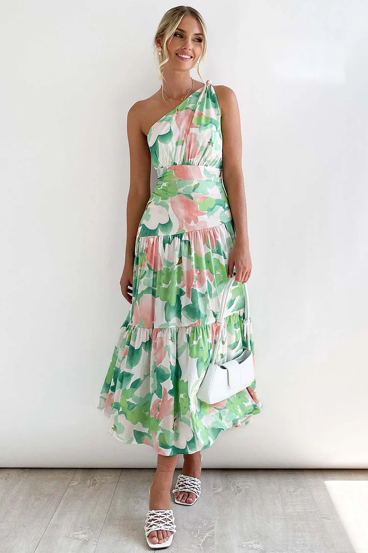 One Shoulder Backless Floral Print Tiered Pleated A-line Vacation Maxi Dress