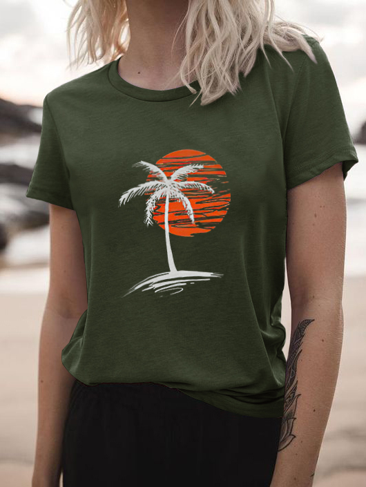 Sunset Coconut Tree Print Short Sleeve Women's T-shirts
