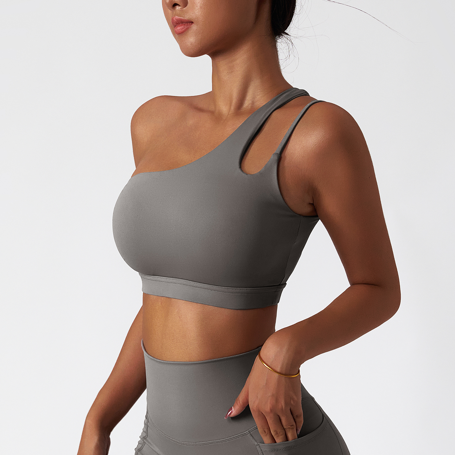 Hergymclothing Gray oblique single shoulder anti slip open back running gym fitness sports bra for sale