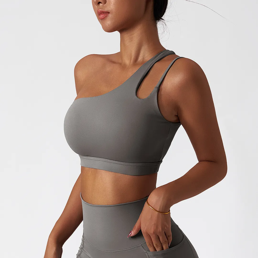 Hergymclothing Gray oblique single shoulder anti slip open back running gym fitness sports bra for sale