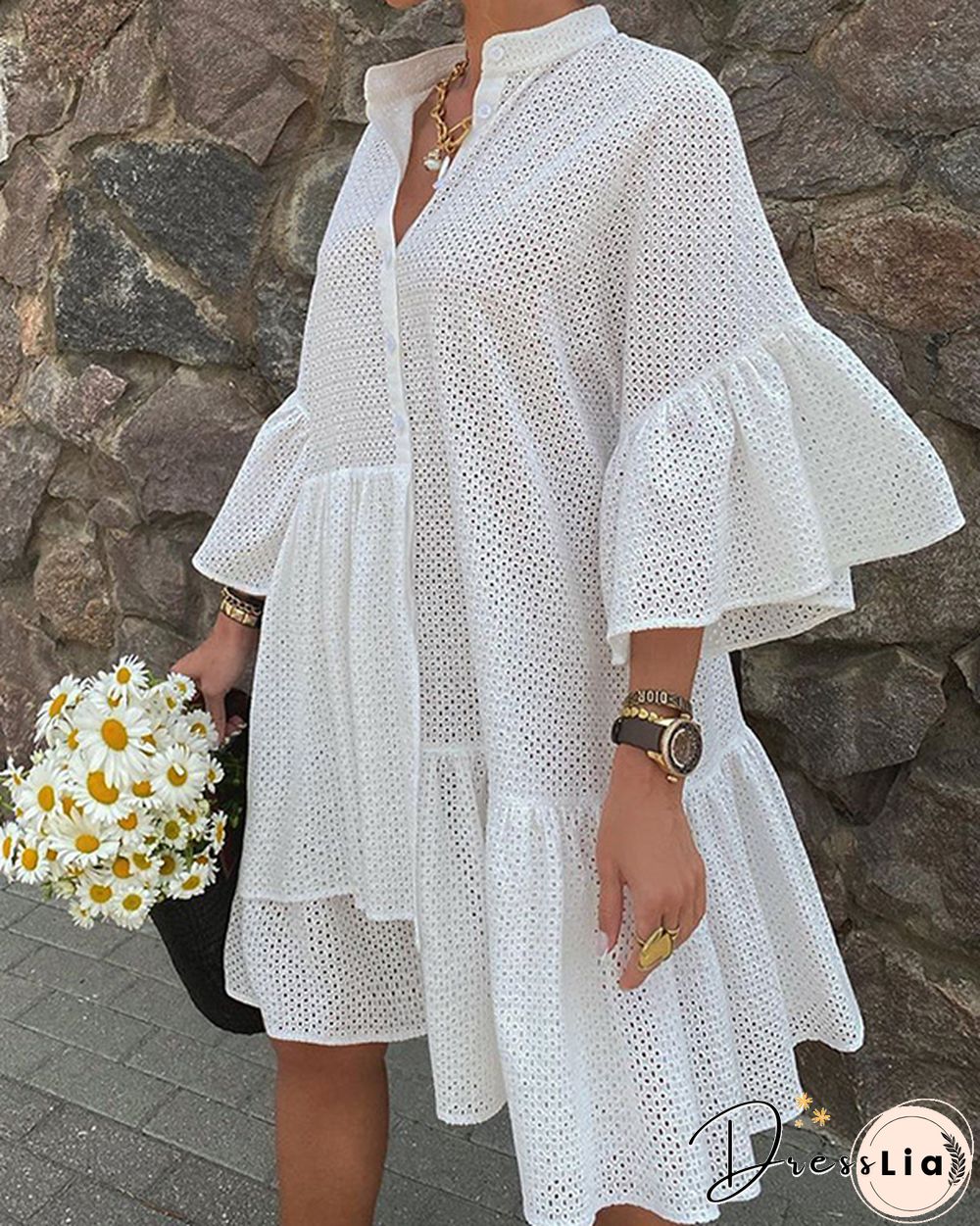 Flare Sleeve Solid Casual Big Hem Shirt Dress