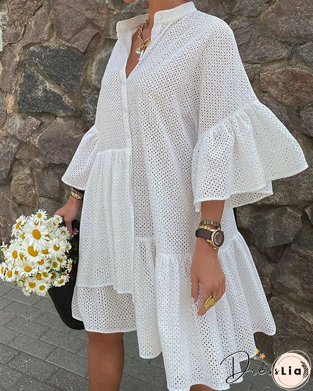 Flare Sleeve Solid Casual Big Hem Shirt Dress