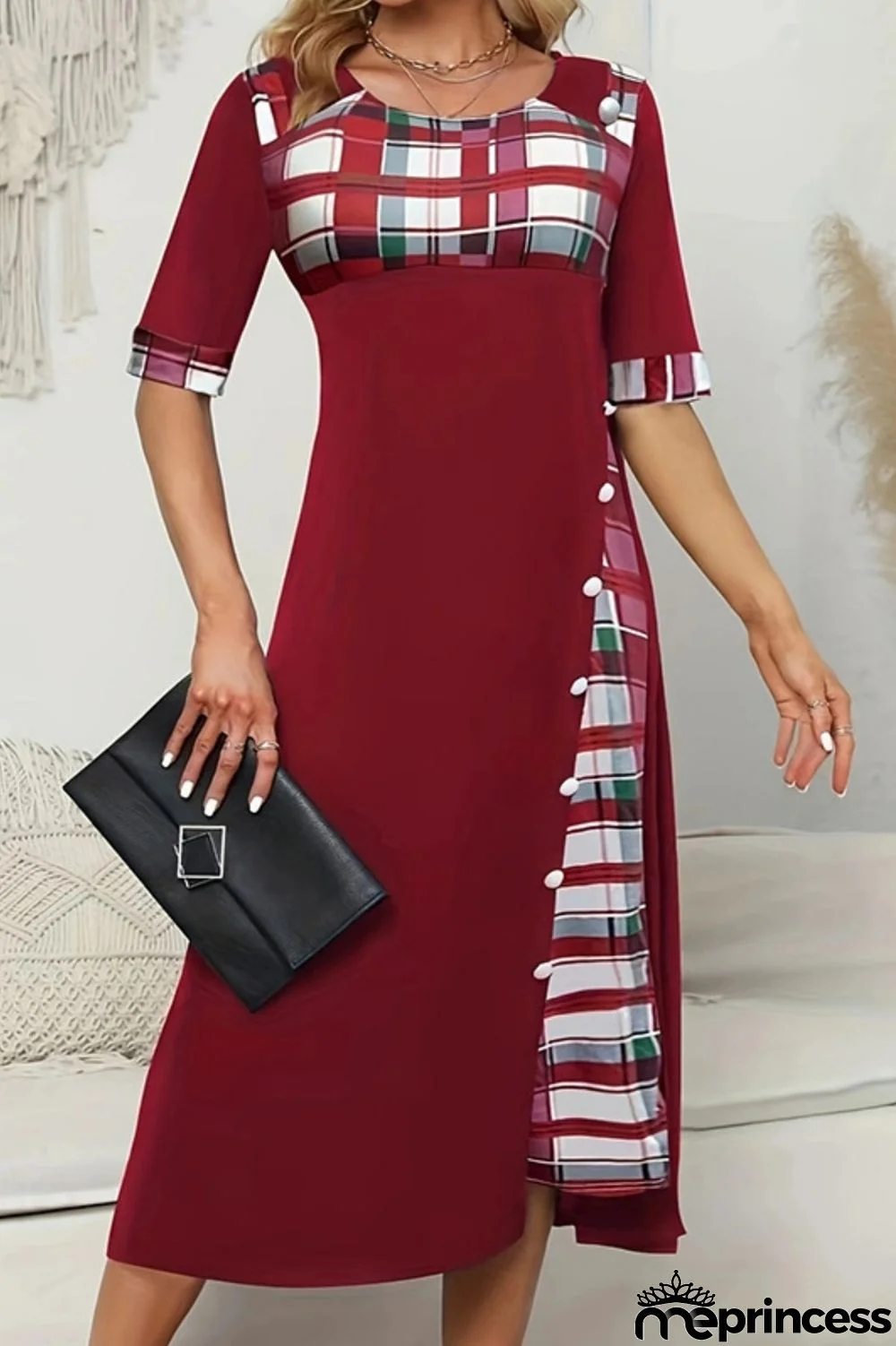 Casual Plaid Print Patchwork O Neck Short Sleeve Dress Dresses
