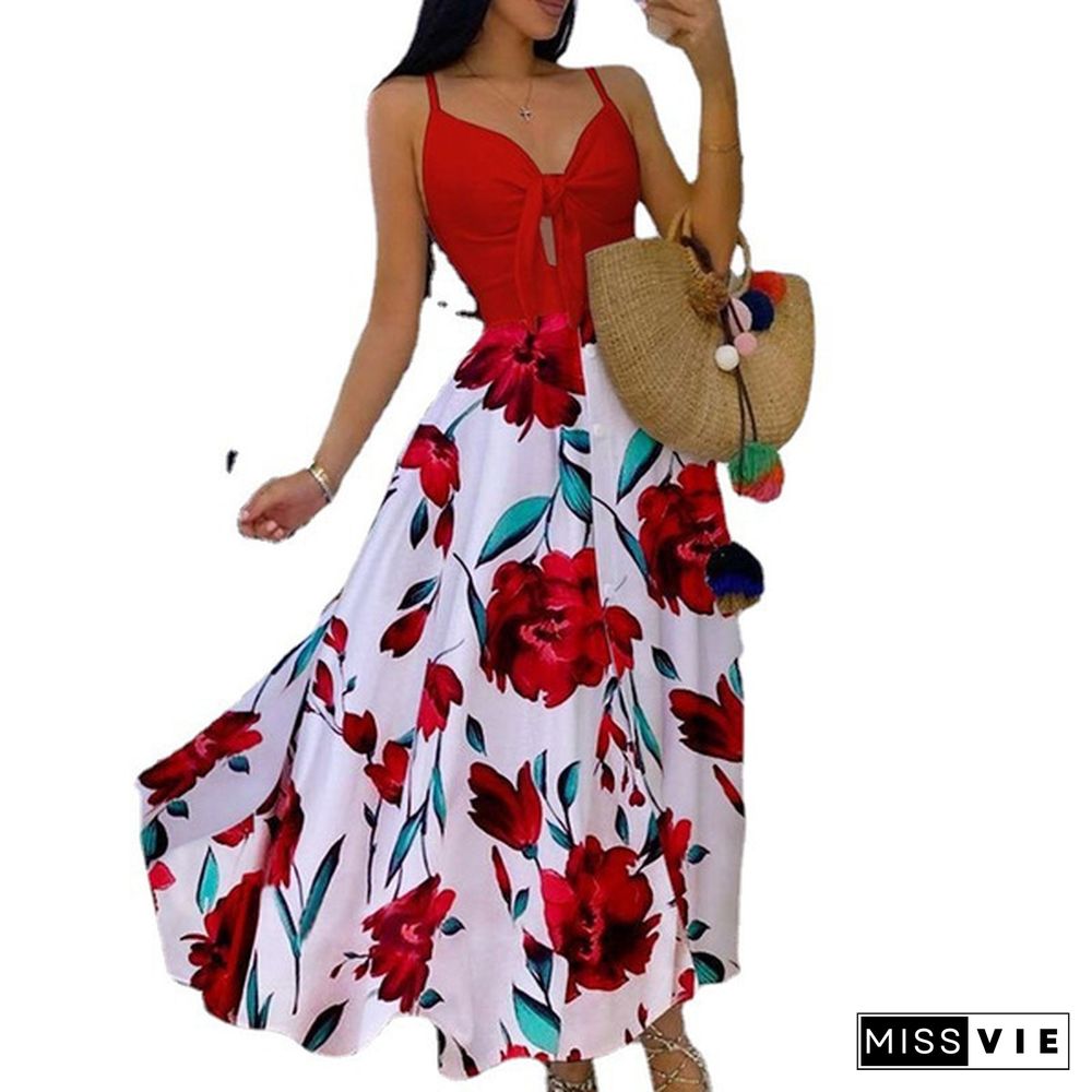 Women Fashion V-neck Tie Waist Floral Sling Dress