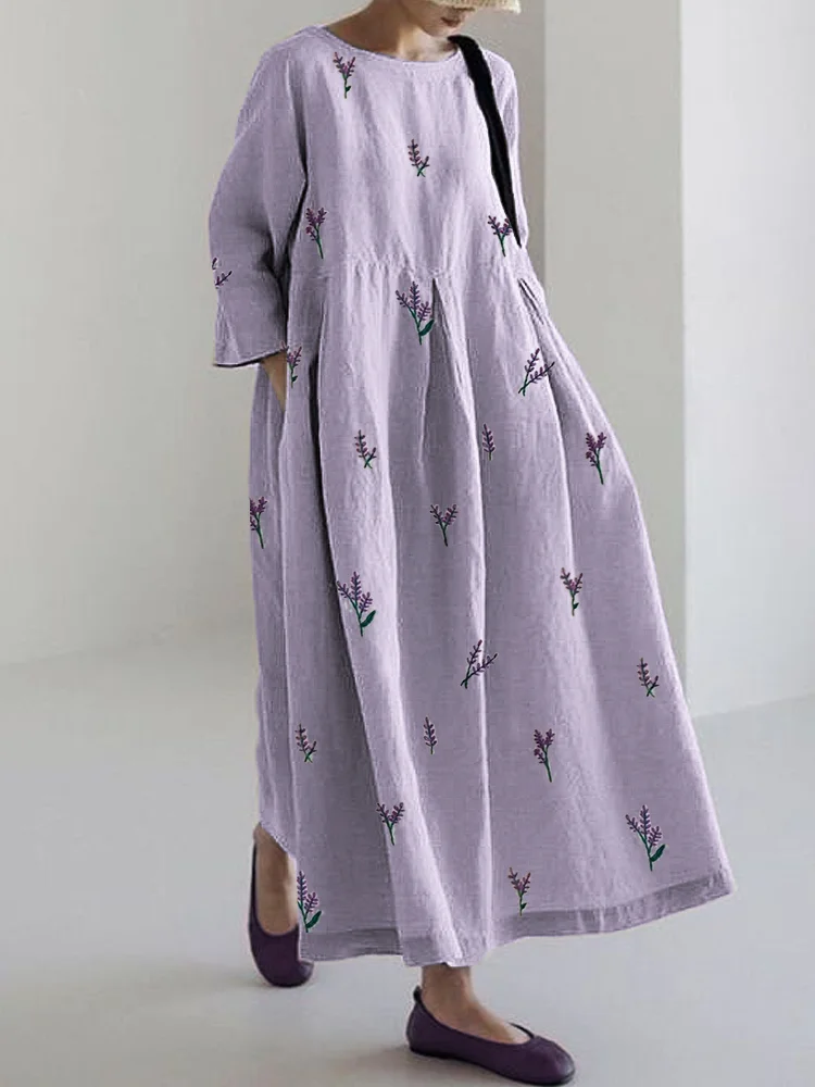 Lavender Floral Embroidery Pattern Linen Blend Maxi Dress