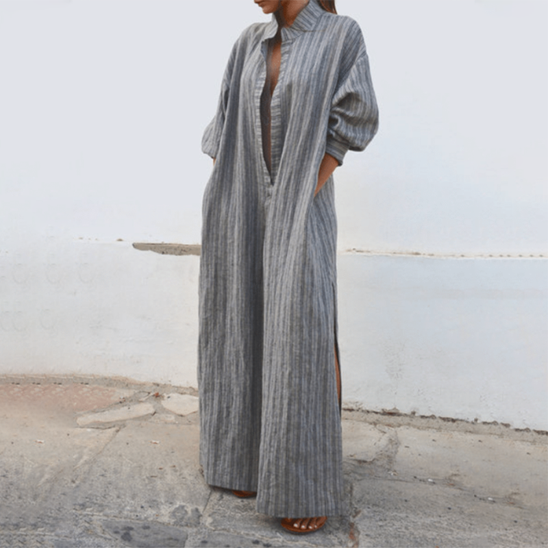 V-Neck Striped Print Long Sleeve Oversize Cotton Maxi Dress MusePointer