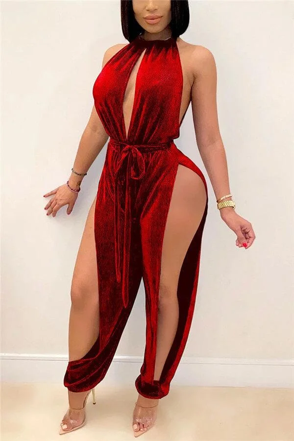 Sexy Solid Color Bandage Slit Jumpsuits