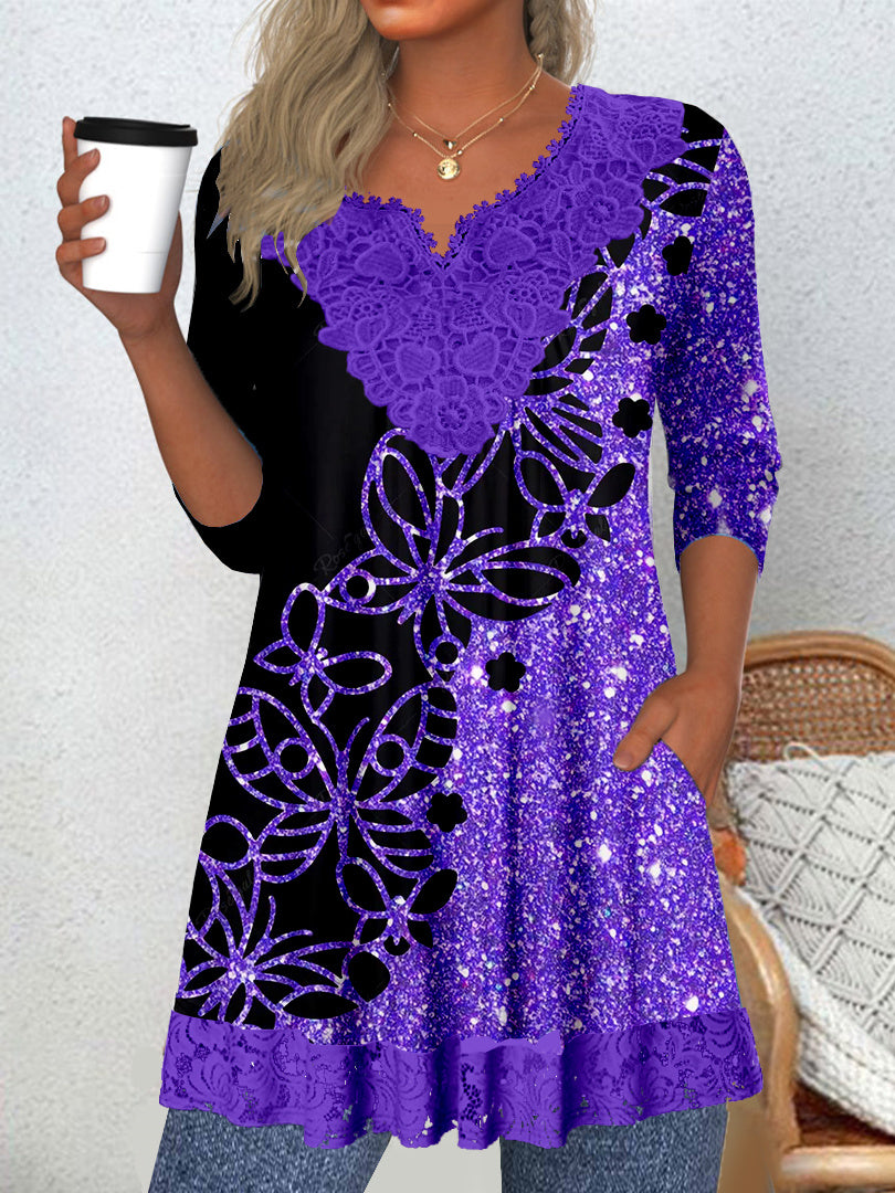 Women Long Sleeve V-neck Butterfly Polka Dot Printed Graphic Lace Pockets Tops