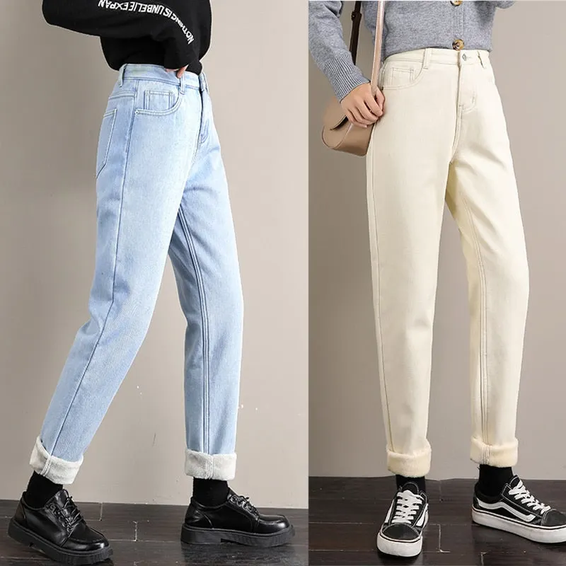 Warm Jeans Winter 2020 New Velvet Thick Mom Jeans High Waist Harem Trousers  Female Pantalon Loose Wide-leg Fleece Denim Pants
