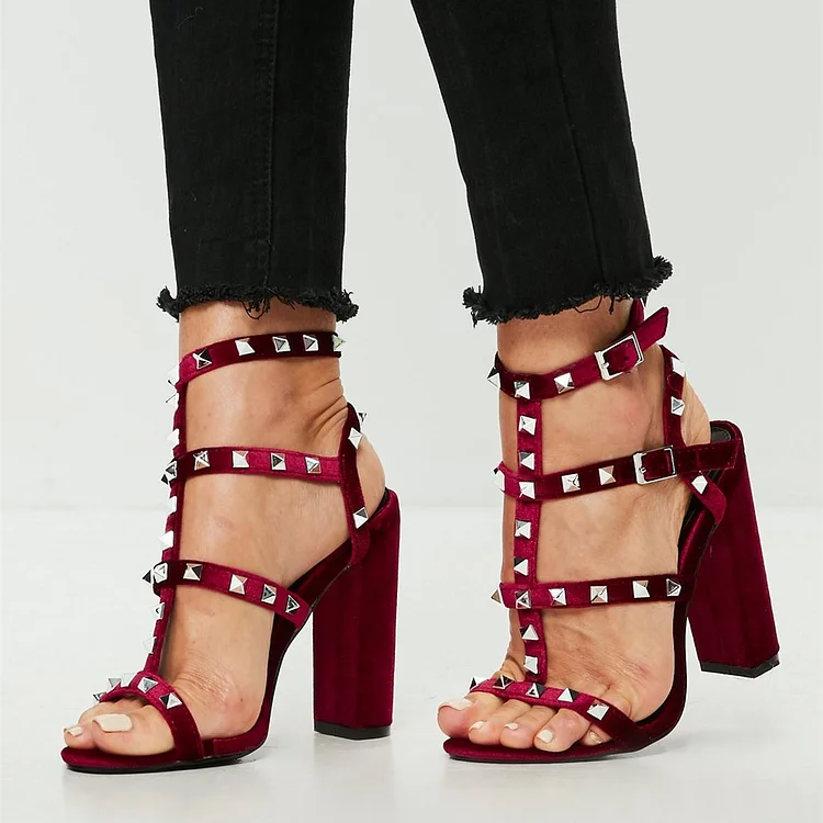 Red Velvet Studded Block Heels Gladiator Sandals |FSJ Shoes