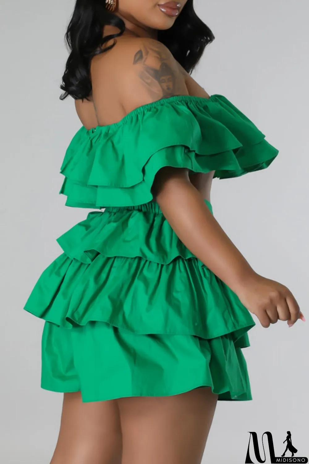 MidiSono - Rose Red Sexy Casual Solid Patchwork Backless Off the Shoulder Short Sleeve Two Pieces