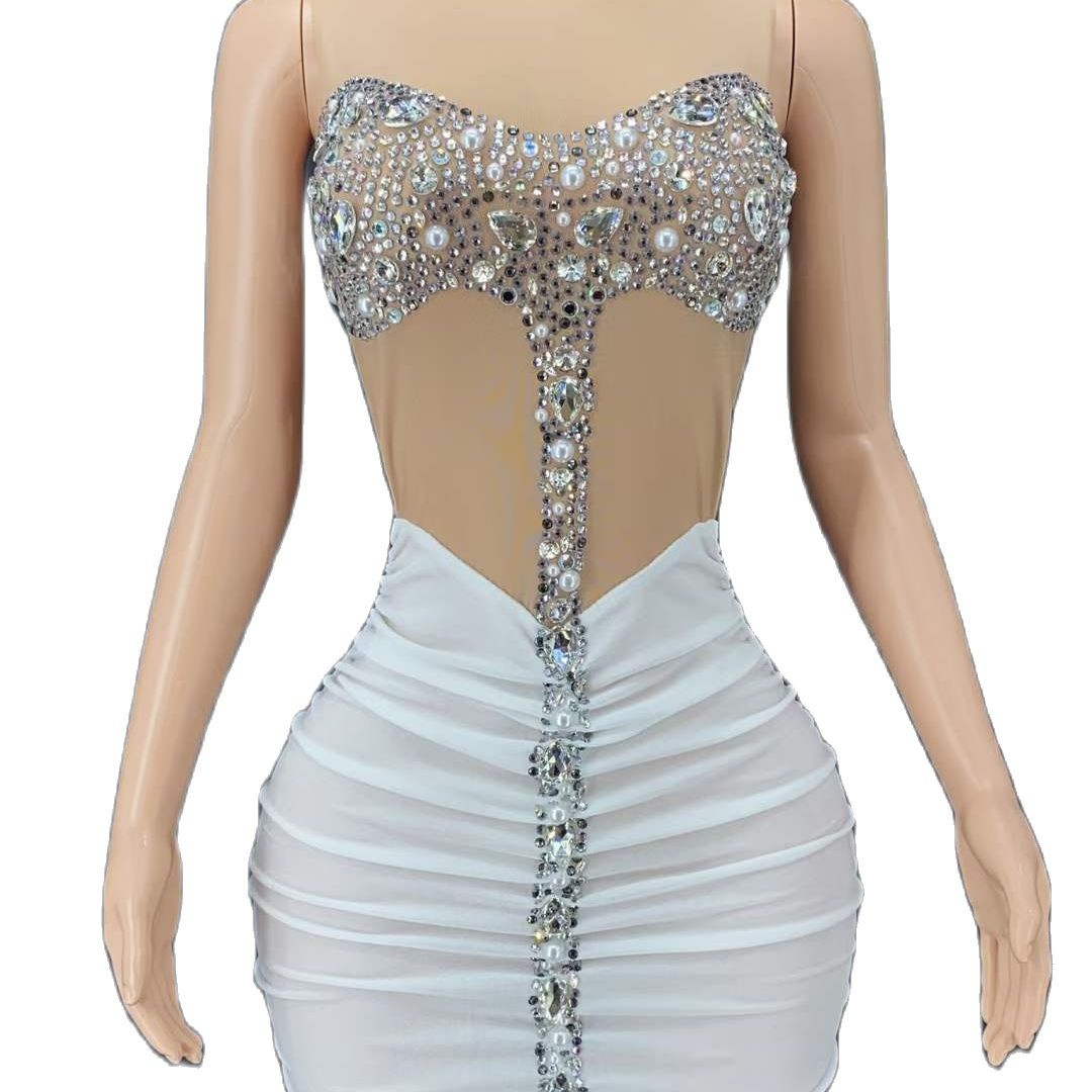 TAAFO Dress Net Gauze White Pleated Gem Trousers Pearl Ball Charm Dress
