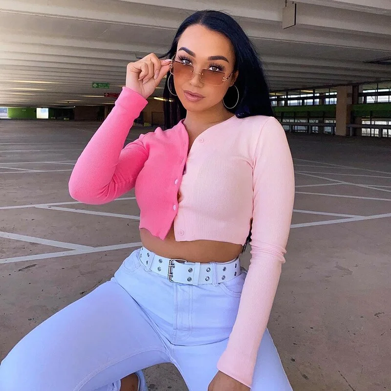 WannaThis Women Patchwork Sexy Top Long Sleeve Knitted Skinny Autumn 2021 Female Fitness Streetwear Button Kawaii V Neck Blouse