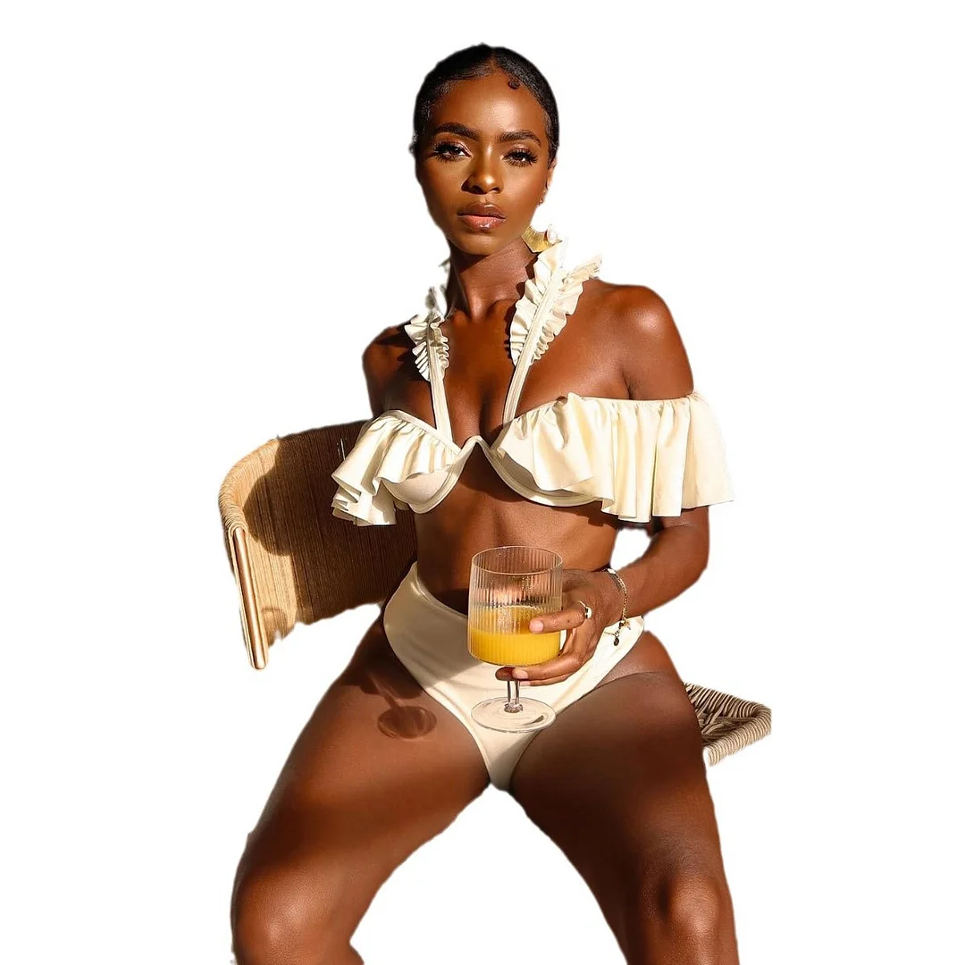 Uveng Solid-Color High-Waisted Split Swimsuit Women 2025 New Out-To-Shoulder-To-Breasted Bikini