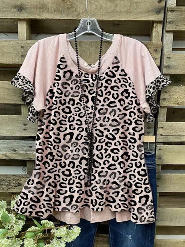 Women's Summer Leopard Print Splicing Multi-color Short-sleeved T-shirt