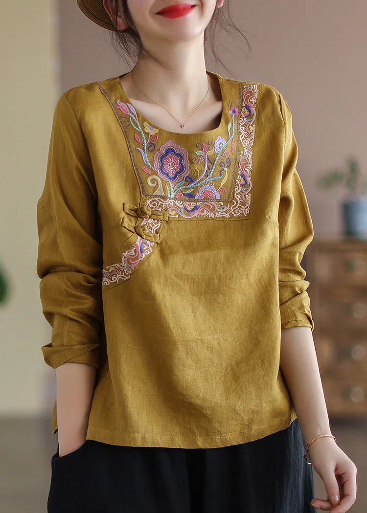 Classy Yellow O-Neck Embroideried Floral Linen Tops Long Sleeve