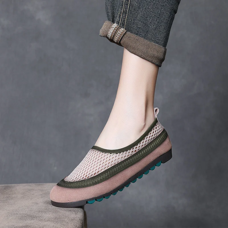 Yyvonne Layer Of Cowhers Retro Breathable Net Bean Shoes Women Spring And Summer New One Foot Pedal Comfortable Flat Sole Leisure Single Shoes