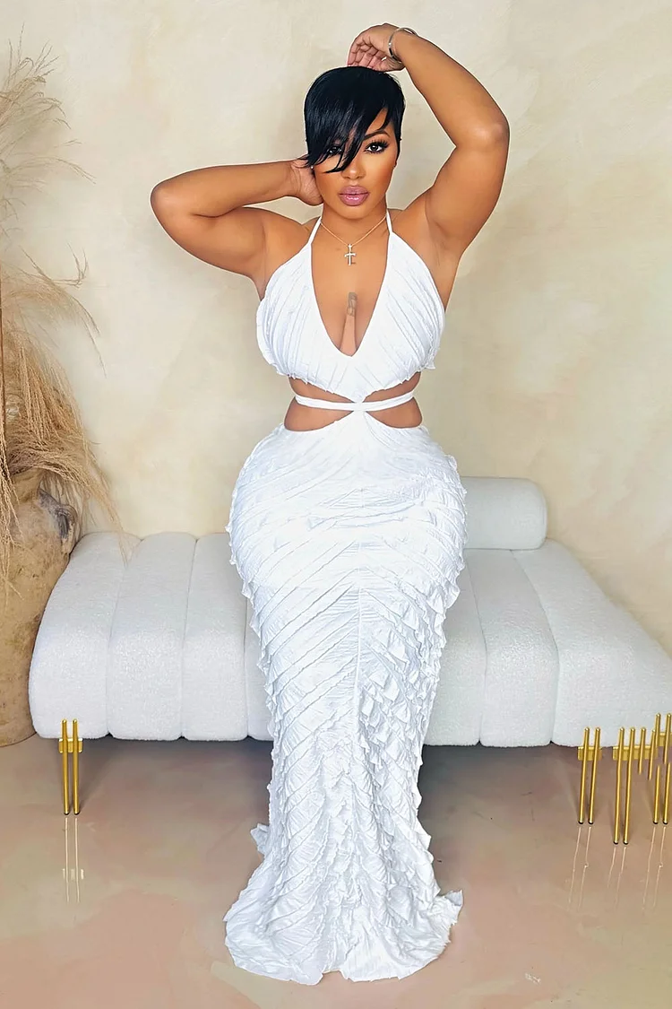 Halter V Neck Cutout Ruffle Party Fishtail Maxi Dresses-White