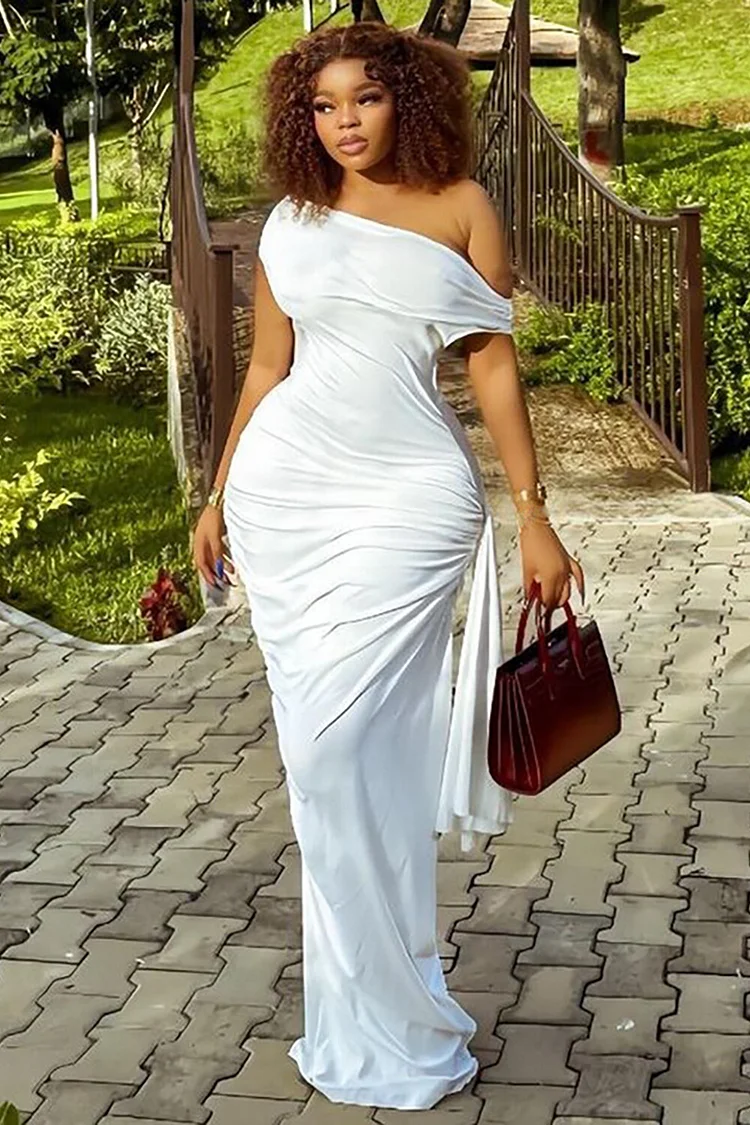 Skew Neck Off Shoulder Ruched Bodycon Side Sash Maxi Dresses-White