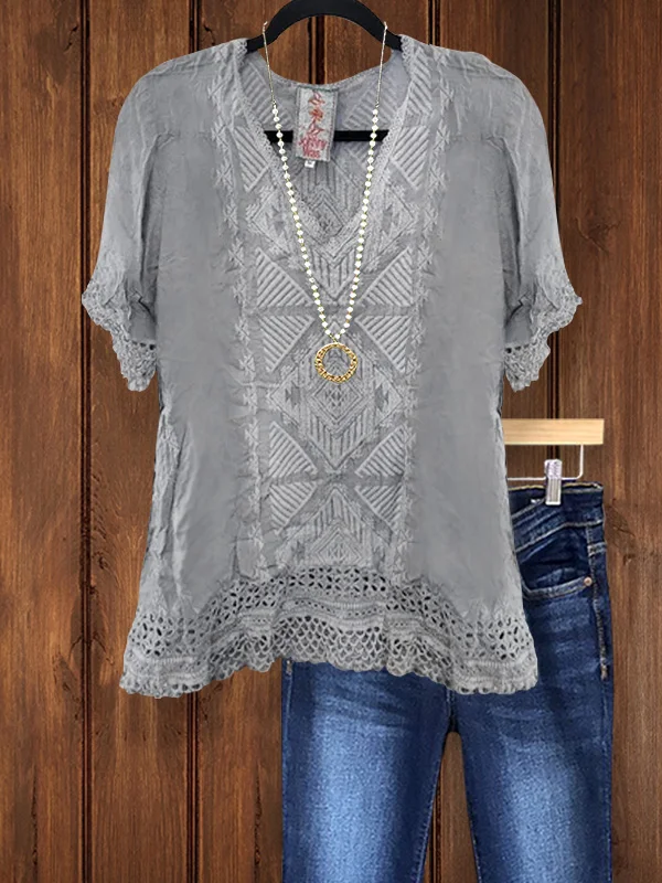 Casual Lace Jacquard Short Sleeve Top
