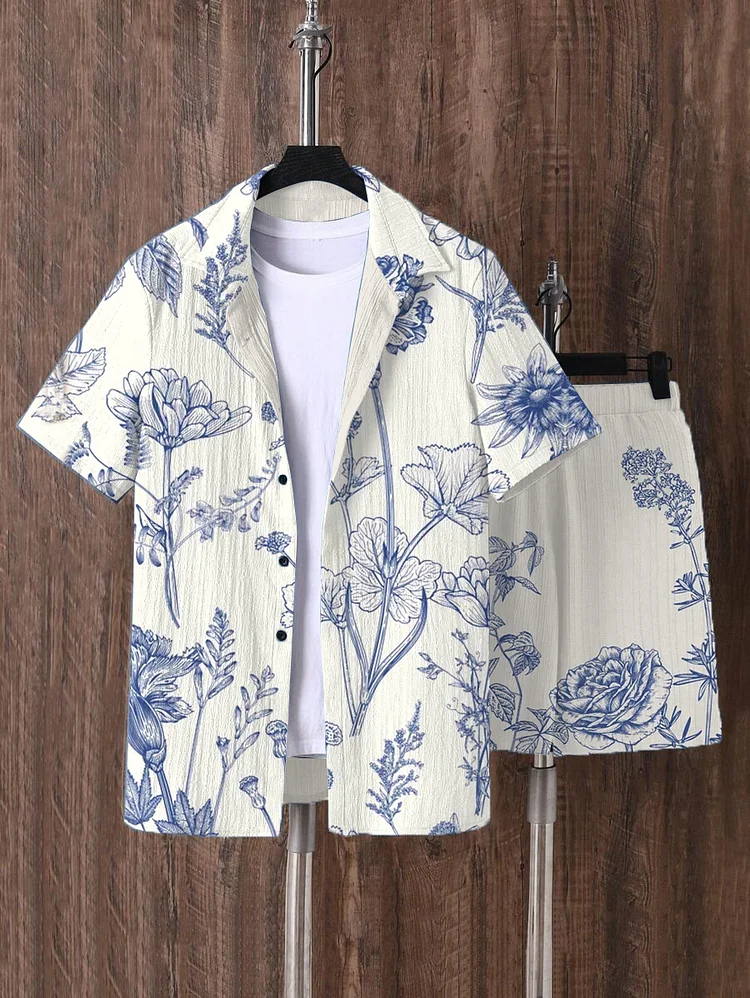 Men's Retro Floral Print Vacation Short Sleeve Shirt Set