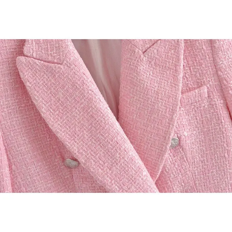 Stylish Chic Pink Double Breasted Tweed Jacket Women 2021 Fashion Pockets Turn-down Collar Coats Female Casual Outerwear