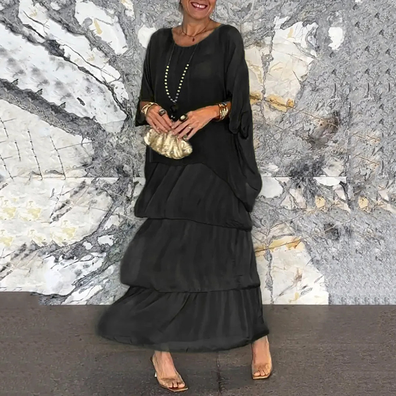 Elegant Chiffon Cake Round Neck Bat Sleeve Skirt Dress wearshes