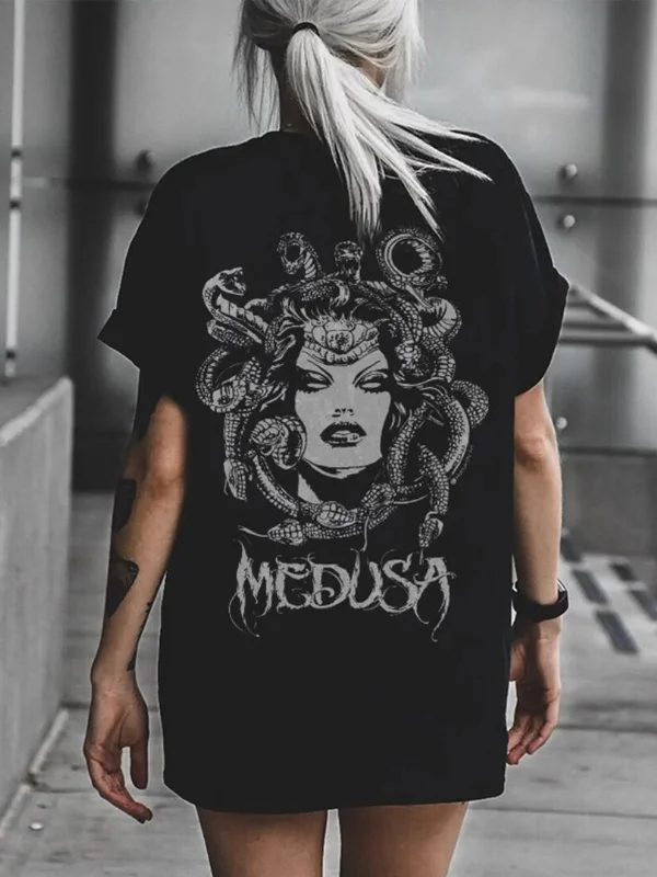 Gothic Dark Medusa Printed Short Sleeve Crew Neck T-shirt