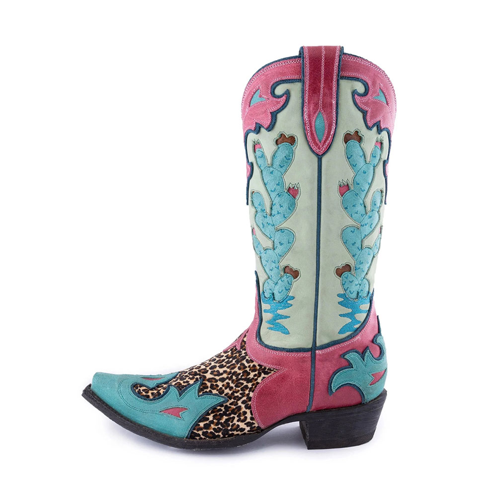 Multi Color Snip Toe Leopard Print Embroidered Cowboy Boots for Women