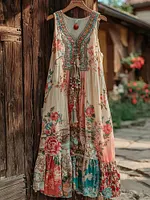 Women's Boho Floral Patchwork Art V Neck Comfy Midi Dress