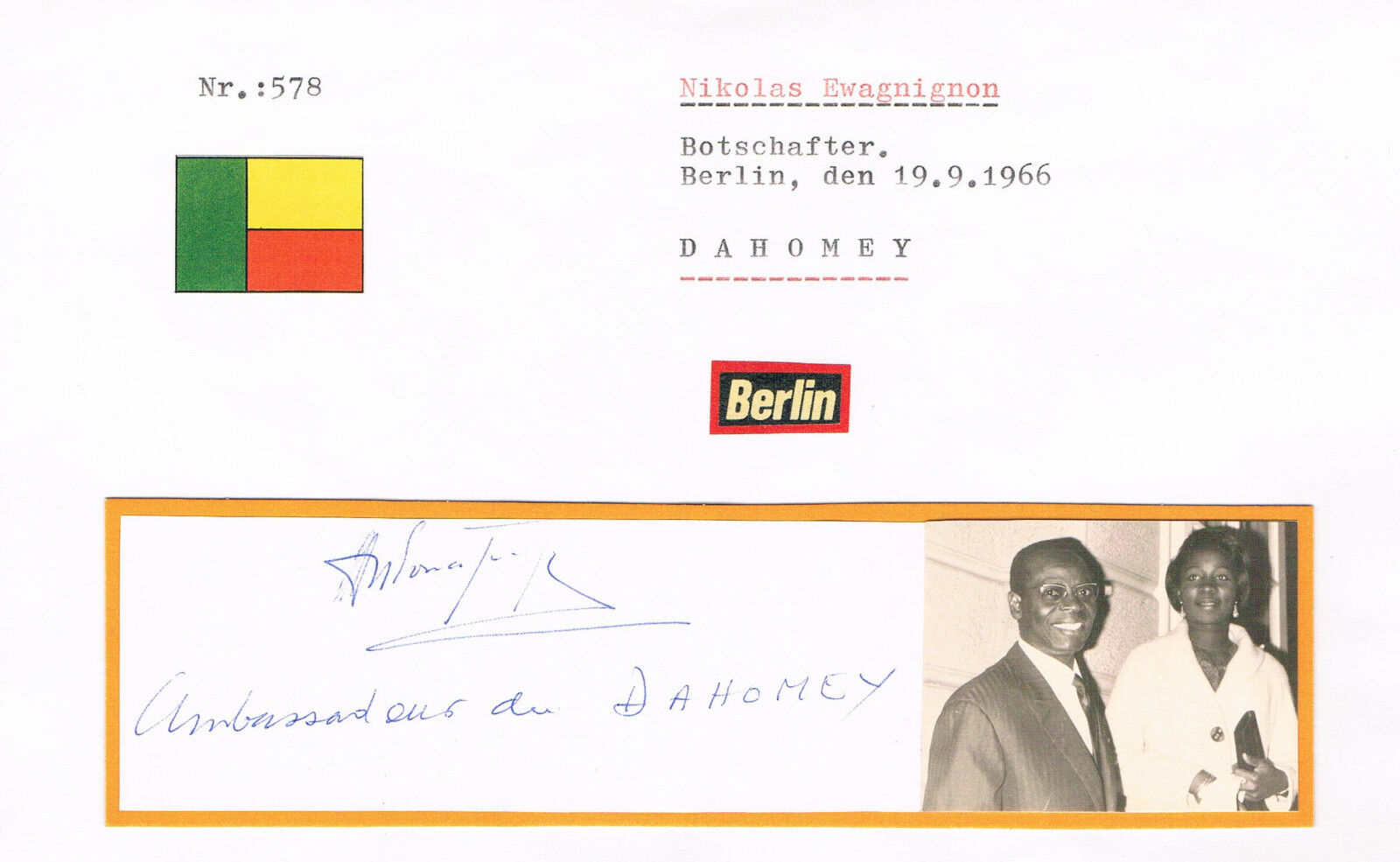 Benin/Dahomey Diplomat Nicolas Amoussou Ewagnignon signed card 1.5x7