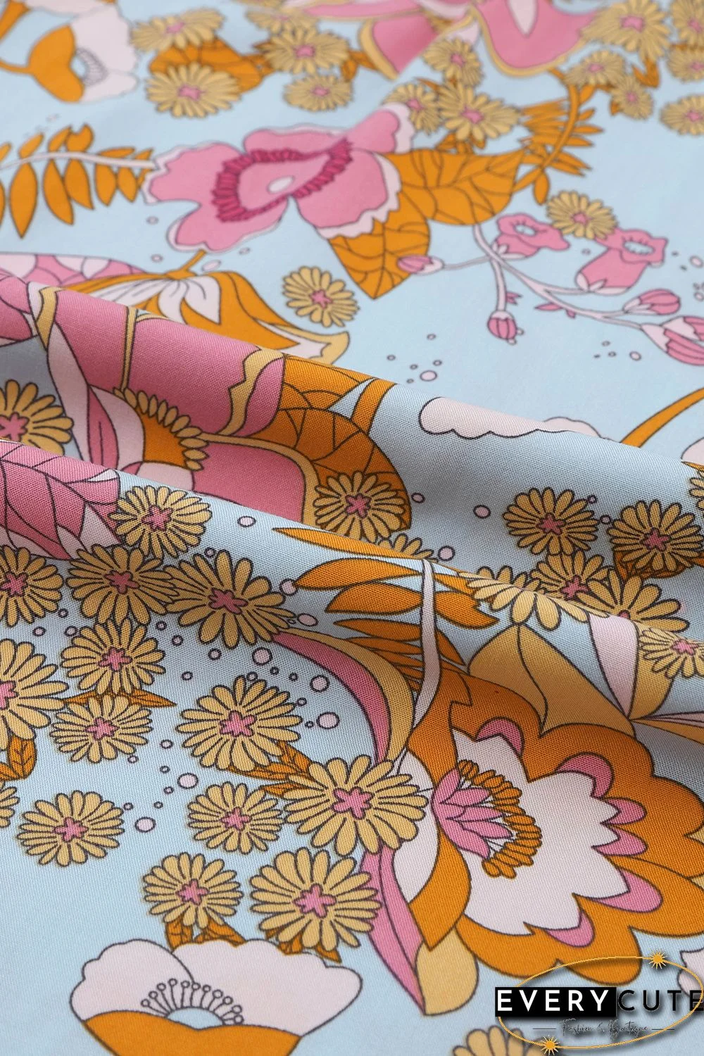 Multicolor Lace Trim Mix Floral Printed Contrast Ruffle Sleeve Blouse