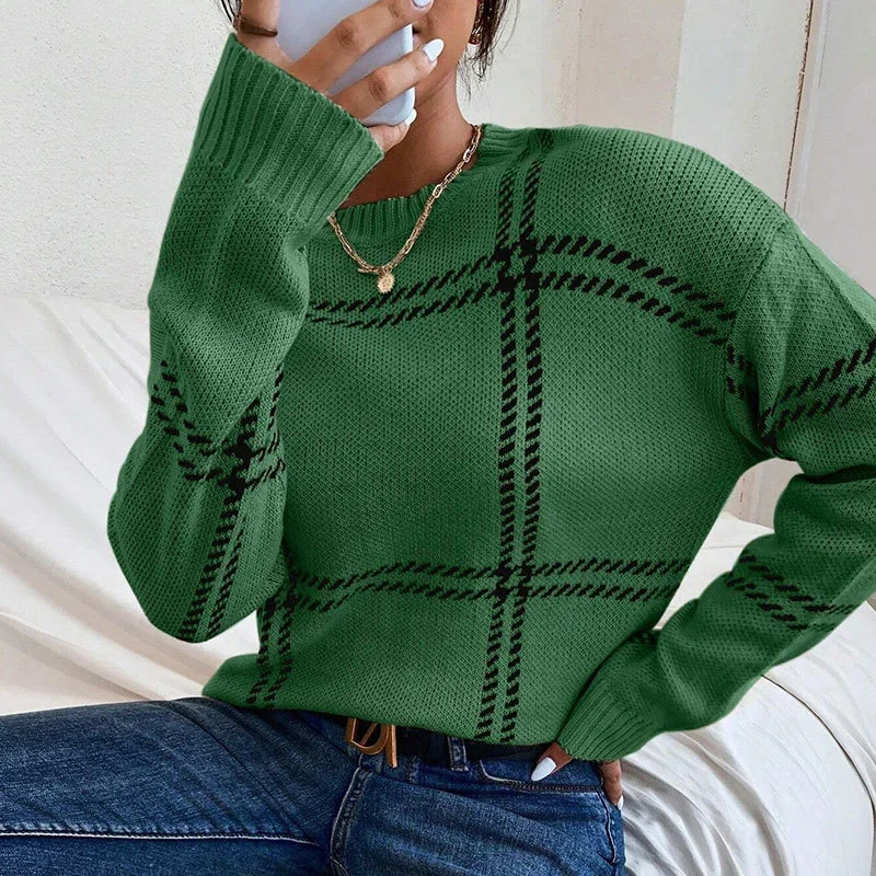 Athvotar Athvotar Autumn And Winter New Lattice Color Collar Sweater Women Casual Long-Sleeved Round Collar Collar Knitted Shirt