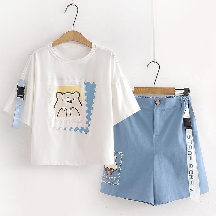 Cartoon Bear Print T-Shirt Shorts Set - Modakawa
