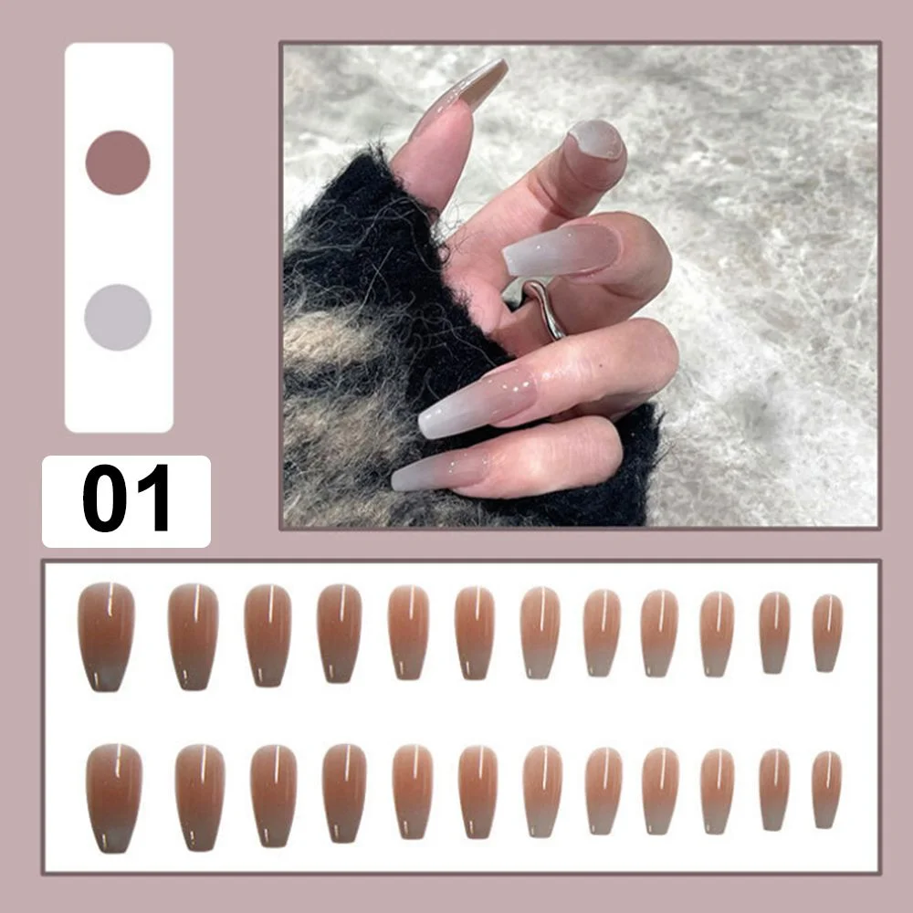 24pcs False Nails Patch Gradient Gray Glue Type Long Paragraph Ballerina Fashion Manicure Full Cover Wearable Coffin Fake Nails