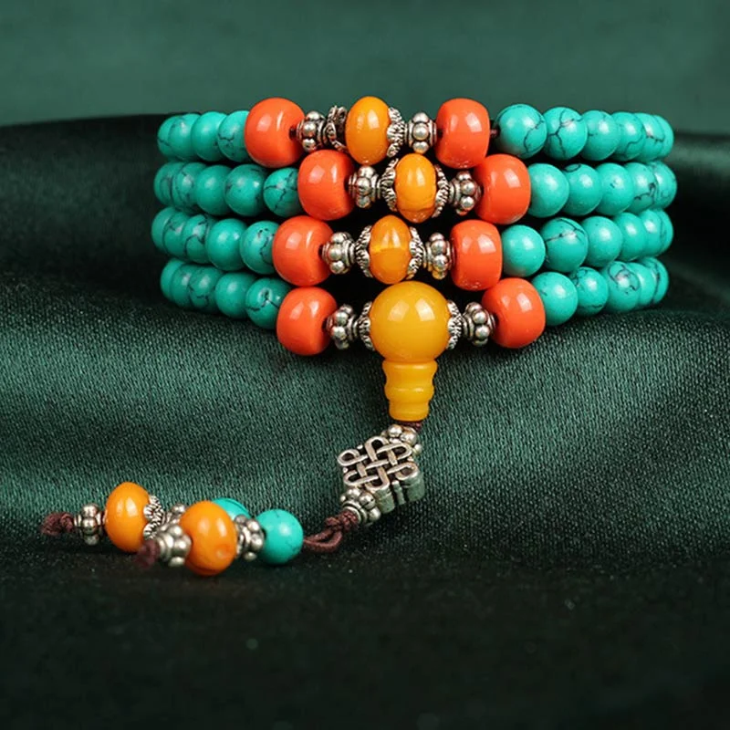 Tibetan Turquoise Amber 108 Beads Protection Bracelet