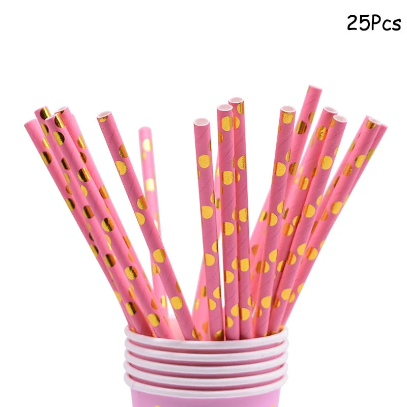 Gold Pink Disposable Tableware Set Paper Plates Cup Napkin Baby 1st Birthday Party Decor Baby Shower Girl Party Supplies Balloon