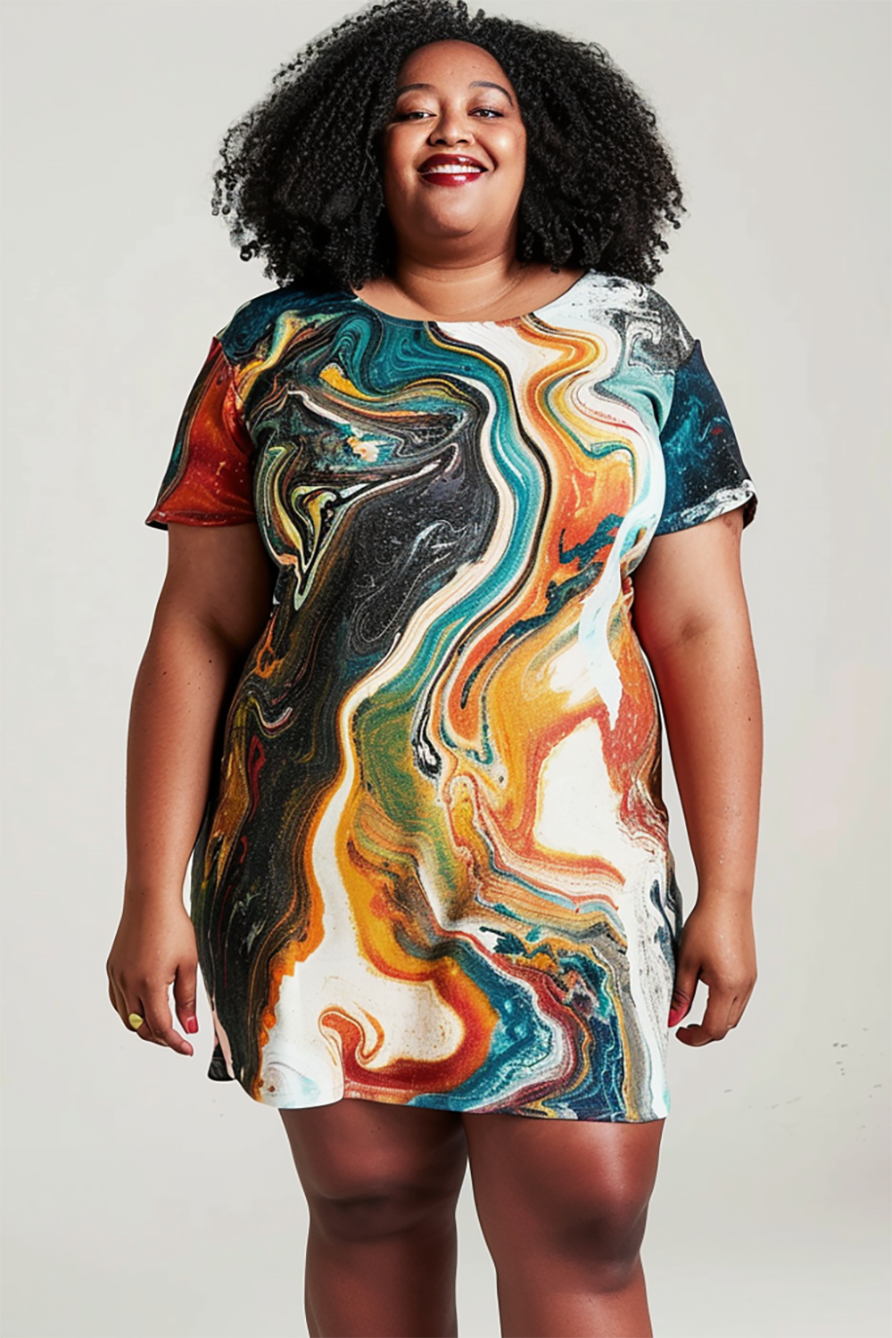 Design Plus Size Casual Multicolor Marble Print Round Neck Short Sleeve T-Shirt Mini Dresses [Pre-Order]