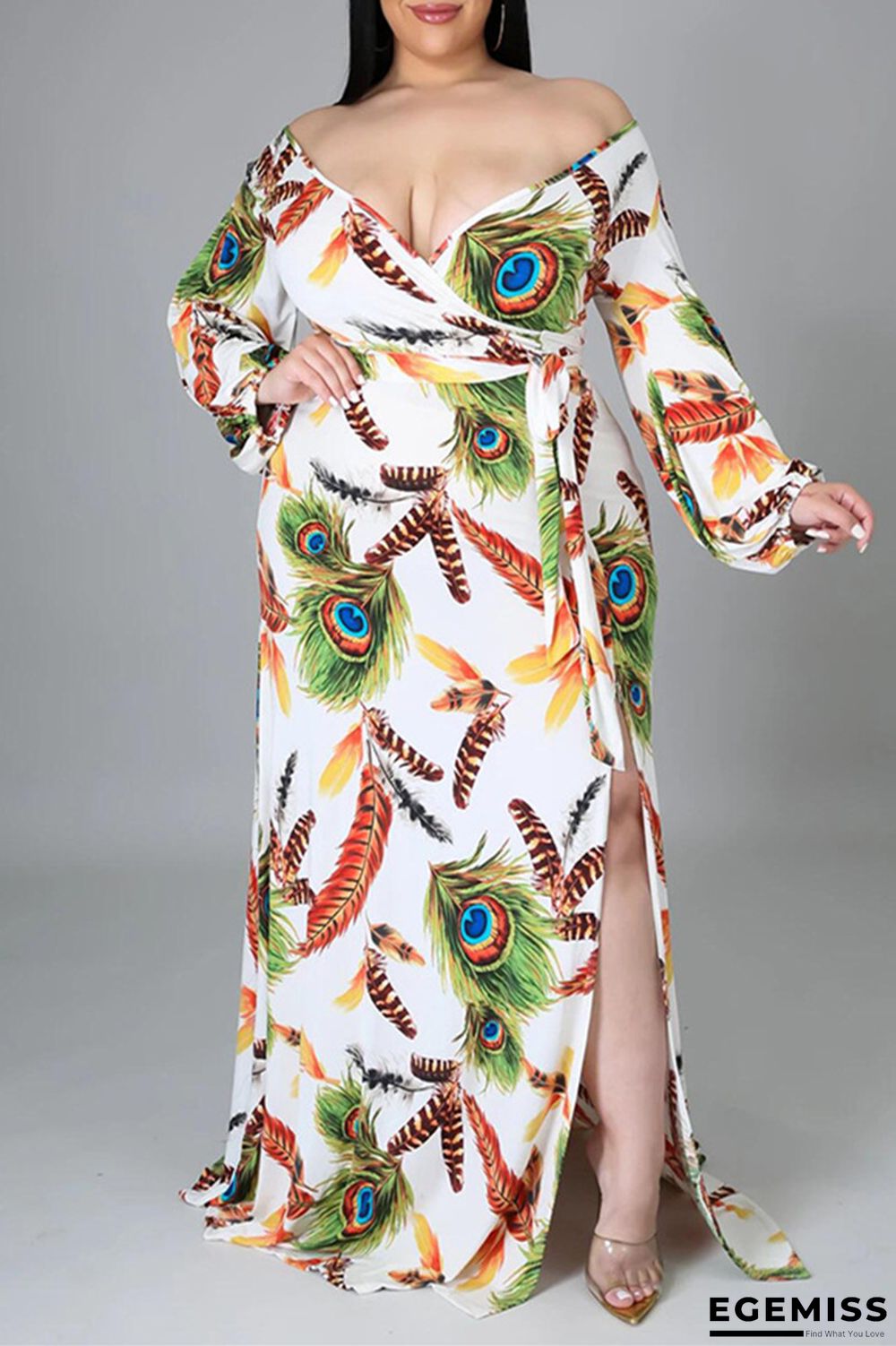 White Fashion Sexy Print Slit V Neck Long Sleeve Plus Size Dresses | EGEMISS