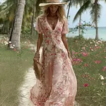 Women's Bohemian Vintage Rose Floral Pattern Linen Dress - Image 2