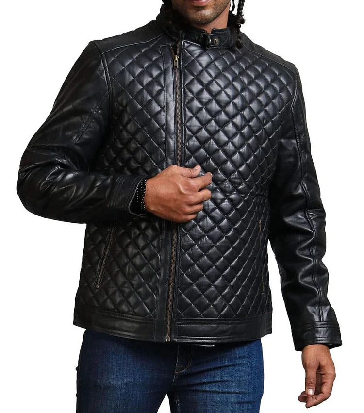 Mens Quilted Leather Jacket Diamond Pattern