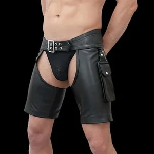 pornhint Pornhint Men's Leather Bondage Shorts - Mens Real Sheep Leather Chaps SHORTS - Sexy Shorts - Handmade Leather Fetish Shorts