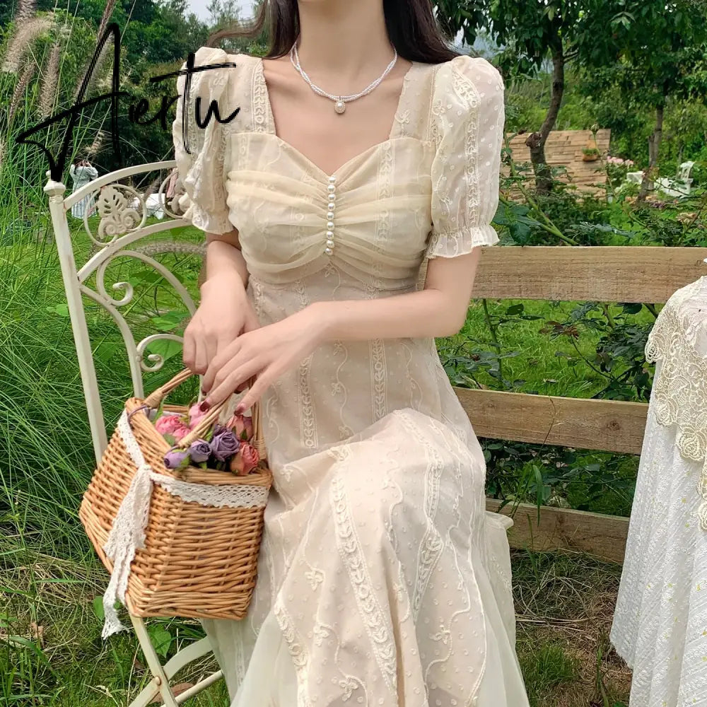 French Vinatge Midi Dresses Women Casual Short Sleeve Elegant Sweet Dress Female Party One Piece Dress Korean Fahion Summer Aiertu