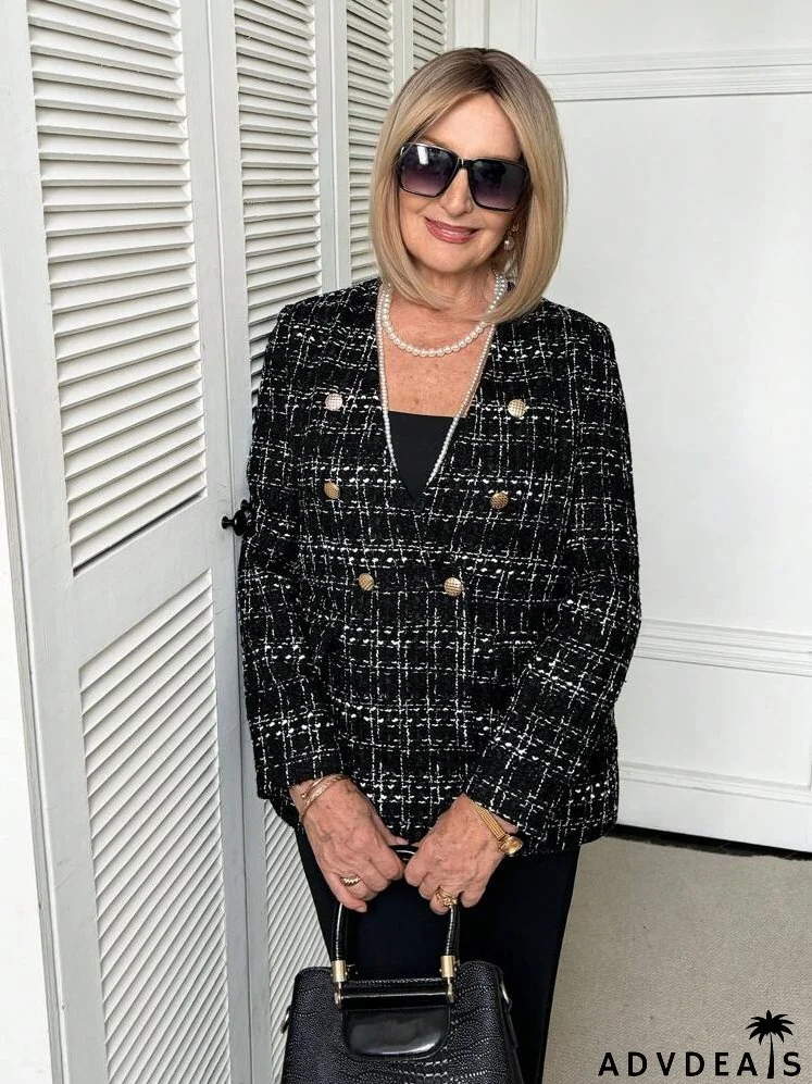Women's Vintage Textured Tweed Blazer Jacket, Autumn Business Casual Women Black Blazer