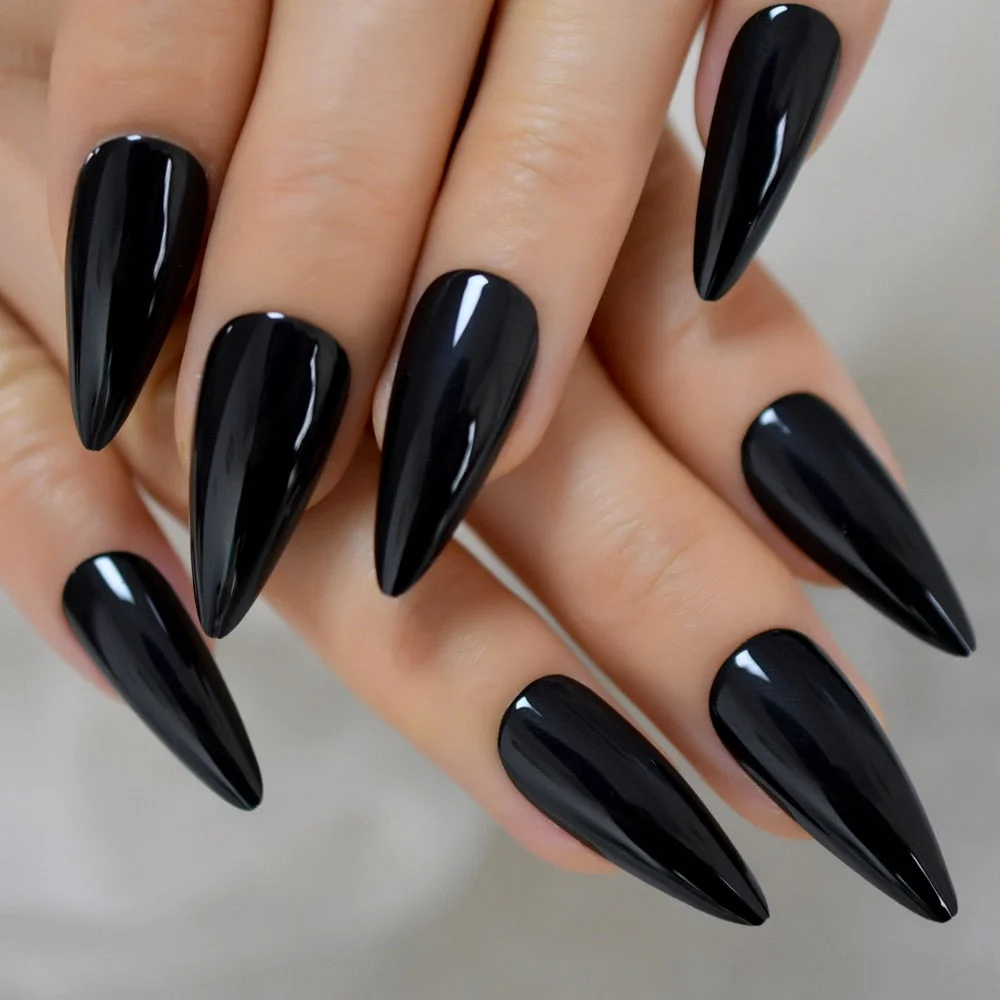 EchiQ Office Nails Stiletto Sharp Nails Medium-Long Simple Design Black Color Reuseable Fingernails Wholesale Flase Nails-Nail Inspo