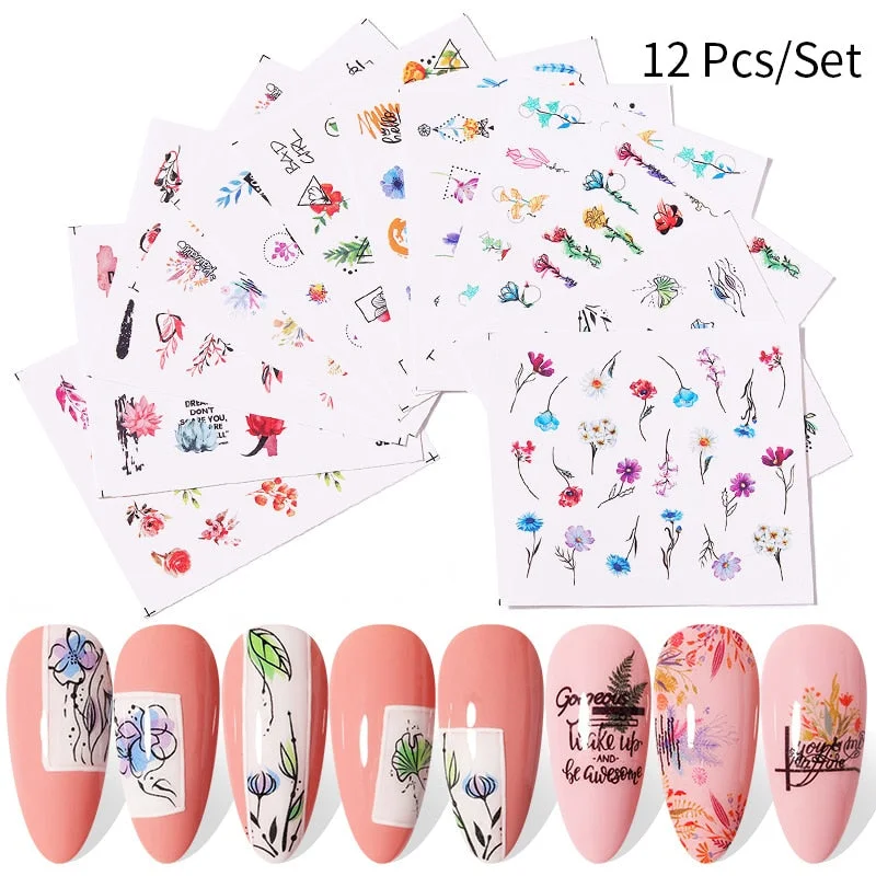Harunouta 12Pcs Gradient Geometry Line Water Decals Set Pink Blue Colorful Whirlpool Wave Stickers Sliders Nail Art Decorations