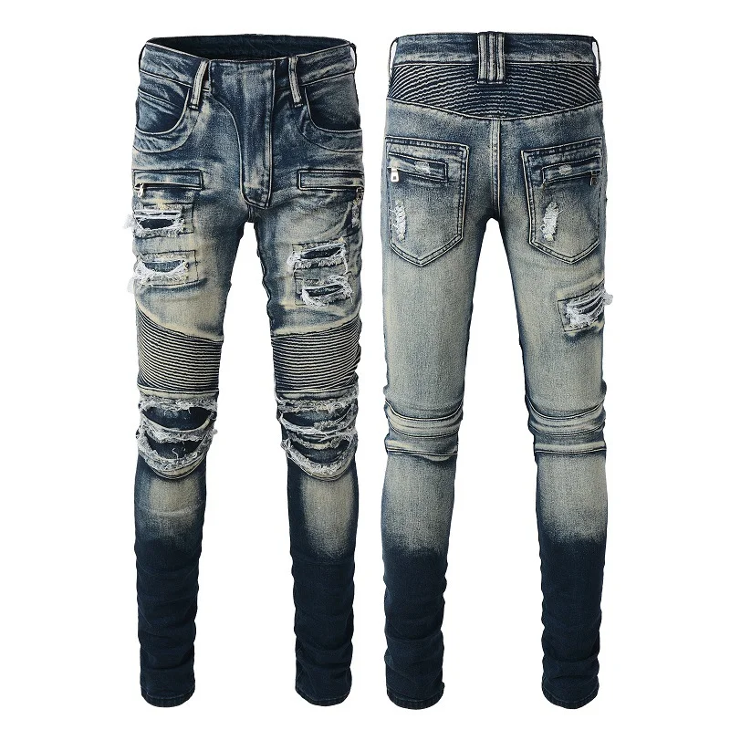 Men's Locomotive Style Ripped Jeans High Street Elastic Skinny Biker Jeans