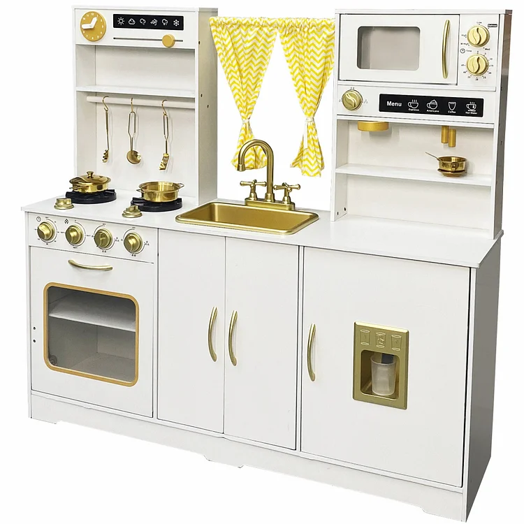 iYofe Play Kitchen for Kids, Toy Kitchen Set with Plenty of Play Features, New Modern Kids Wooden Play Kitchen Designed with Curtains/20 Accessories, Gift for Ages 3+, White